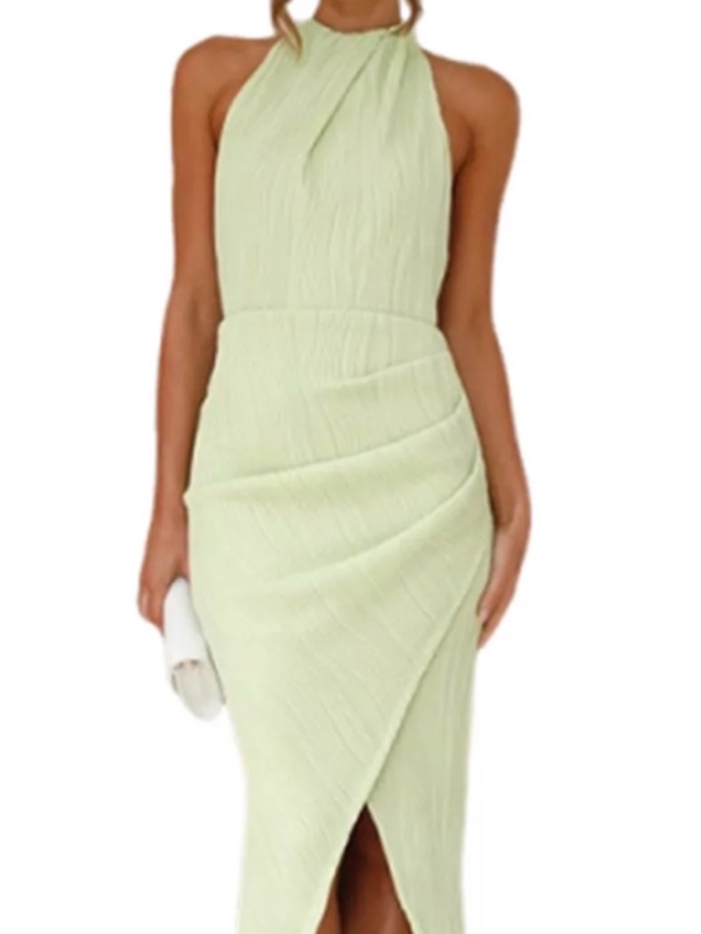Halter Ruched Bodycon Maxi Dress, open back, lime green, size L